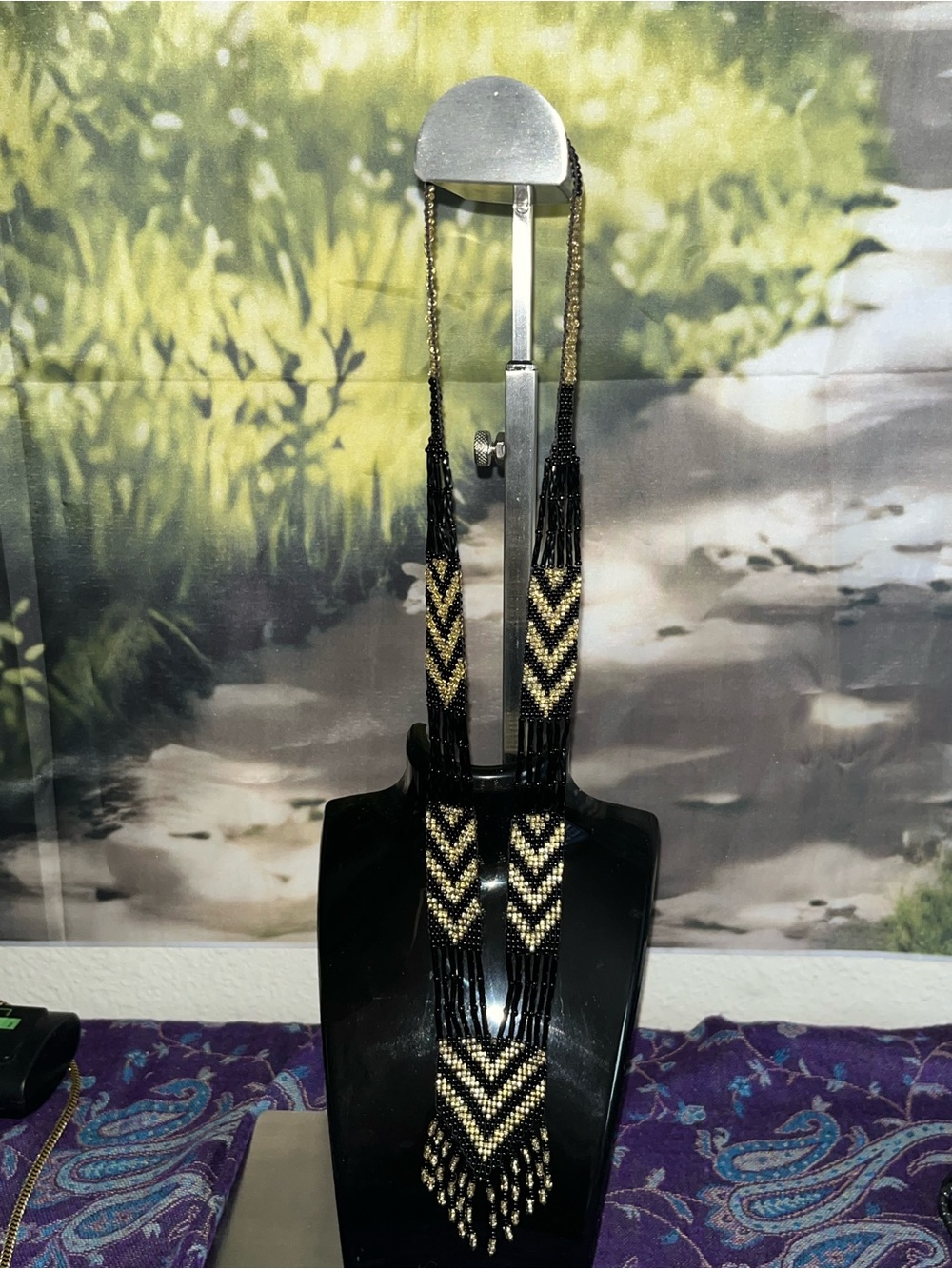 Beaded Chevron Pendant Necklace - Black and Gold